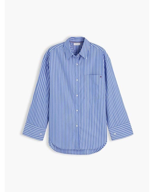Tommy Hilfiger Blue Oversized Fit Stripe Shirttail Hem Poplin Shirt