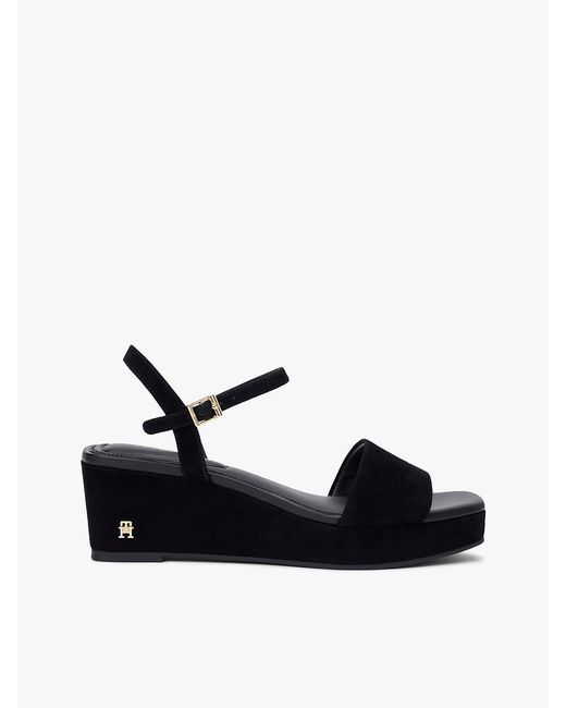 Tommy Hilfiger Black Suede Th Monogram Wedge Sandals
