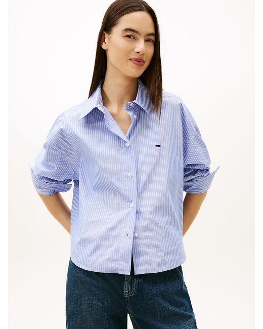 Tommy Hilfiger Blue Oversized Fit Metallic Cropped Shirt