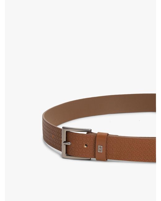 Tommy Hilfiger Brown Flag Plaque Embossed Leather Belt for men