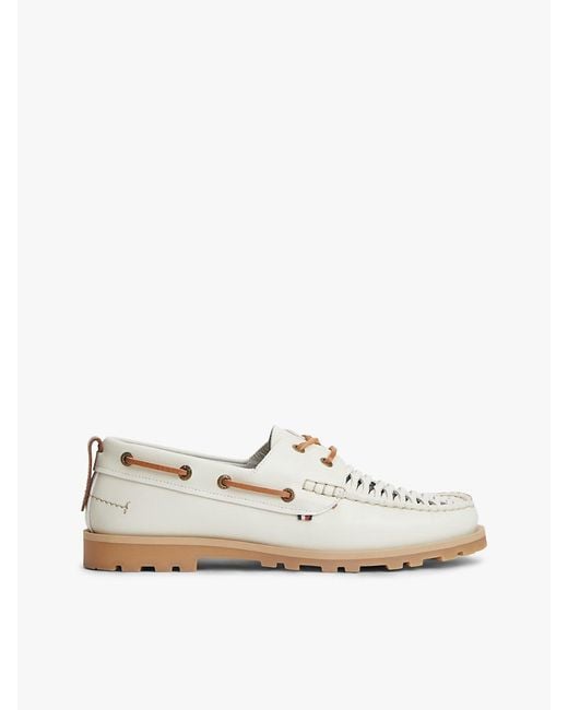 Tommy Hilfiger White Leather Braided Boat Shoes for men