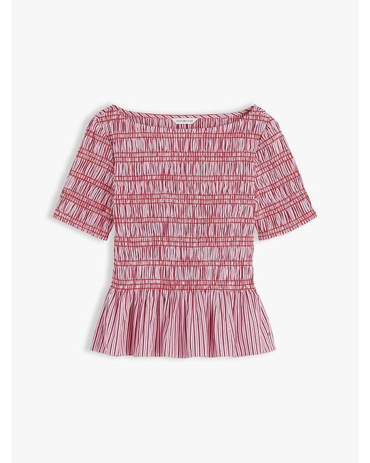 Tommy Hilfiger Red Smock Stripe Ruffle Boat Neck Top