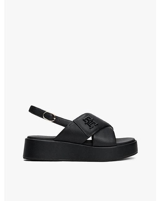 Tommy Hilfiger Leren Sandaal Met Plateauzool En Th-Monogram in het Black
