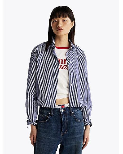 Tommy Hilfiger Poplin Cropped Relaxed Fit Blouse Met Streep in het Blue