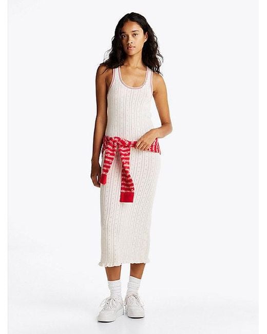 Tommy Hilfiger White Slim Fit Maxi-Strickkleid Mit Pointelle