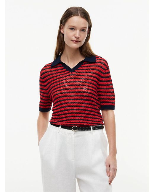 Tommy Hilfiger Red Pointelle Relaxed Short Sleeve Polo Jumper