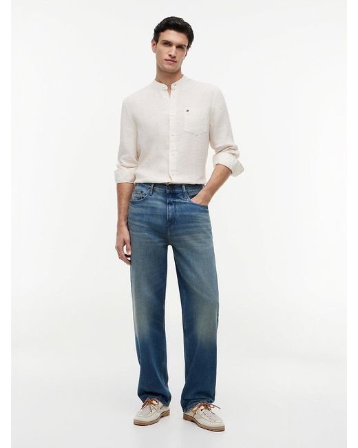 Tommy Hilfiger White Regular Fit Washed Linen Pinstripe Shirt for men