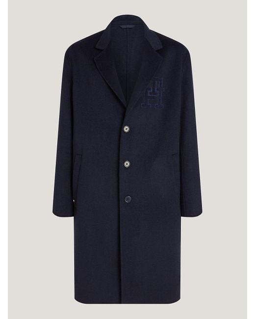 Tommy Hilfiger Blue Oversized Th Monogram Single Breasted Wool Coat for men