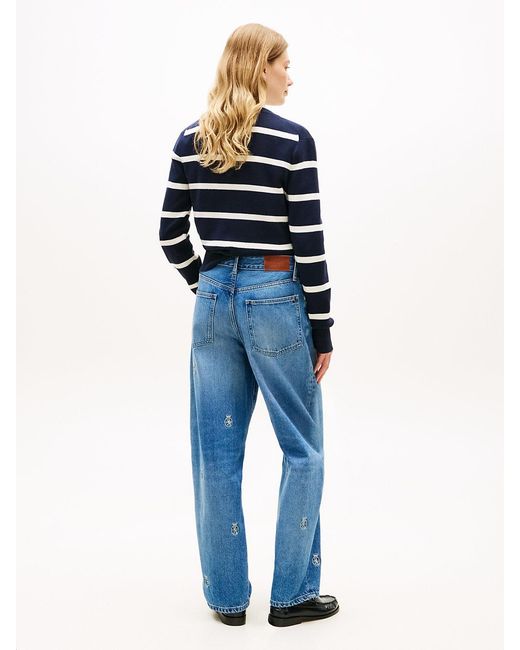 Tommy Hilfiger Blue Crest Embroidery Mid Rise Barrel Leg Jeans