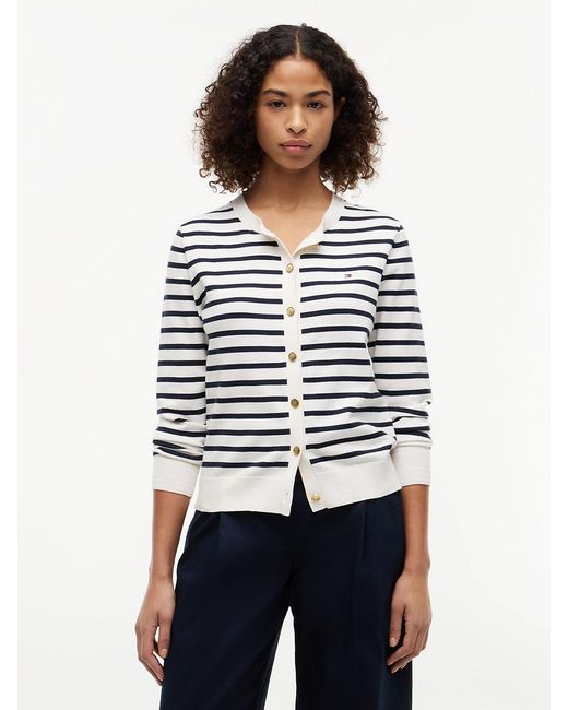 Tommy Hilfiger White Fine Knit Jersey Crew Neck Cardigan