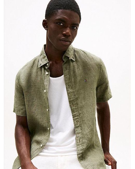 Tommy Hilfiger Regular Fit Linnen Overhemd Met Korte Mouwen in het Green voor heren