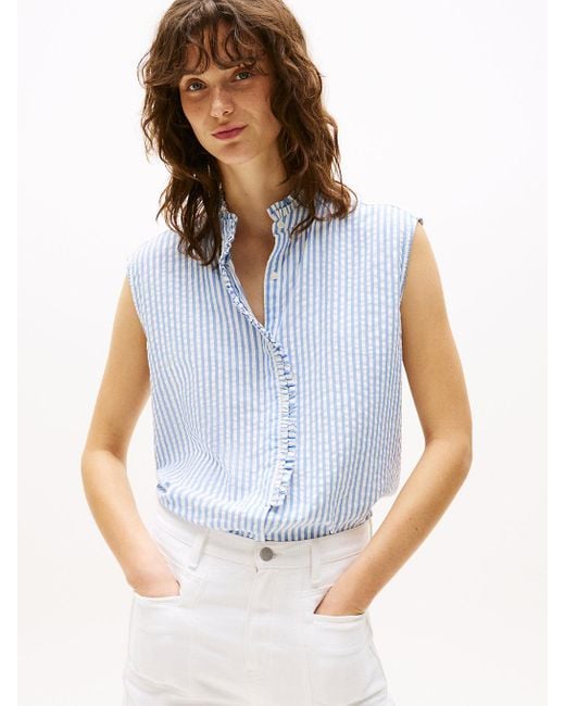 Tommy Hilfiger Blue Seersucker Ruffle Sleeveless Shirt