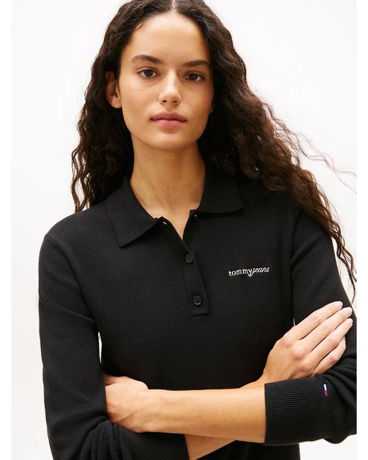 Mini Robe Pull Plissée À Logo Brodé Tommy Hilfiger en coloris Black