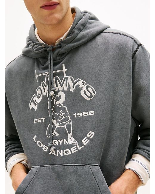 Tommy Hilfiger Gray Gym Logo Embroidery Washed Relaxed Hoody for men