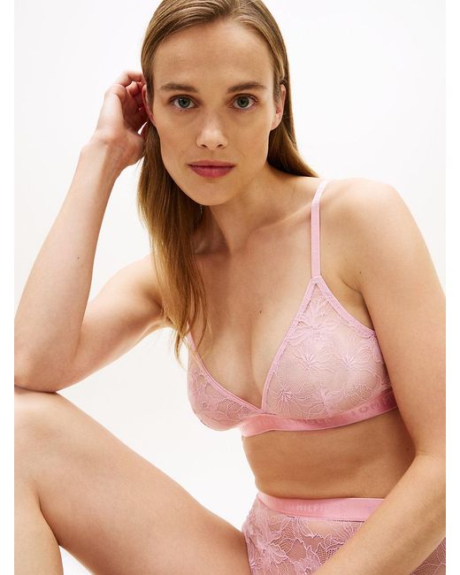Tommy Hilfiger Pink Repeat Logo Floral Lace Triangle Bra