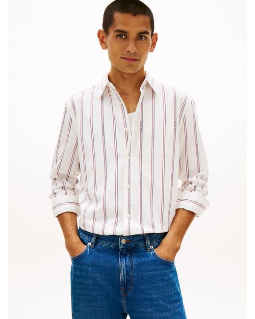Tommy Hilfiger White Regular Fit Logo Pinstripe Jacquard Shirt for men