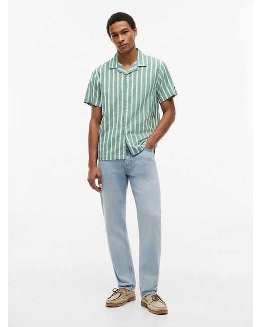 Tommy Hilfiger Green Linen Blend Textured Stripe Short Sleeve Shirt for men