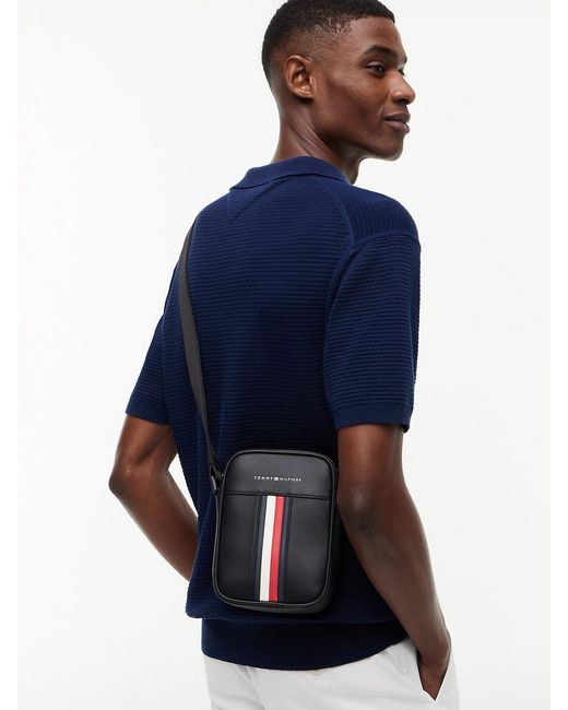 Tommy Hilfiger Black Signature Tape Crossbody Reporter Bag for men