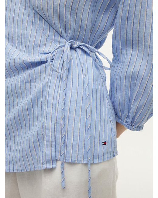 Tommy Hilfiger Blue Relaxed Fit Pure Linen Wrap Blouse