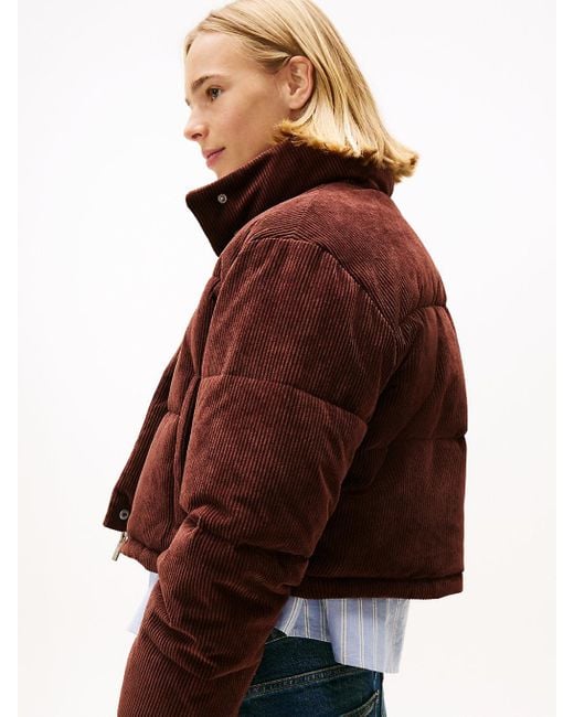 Tommy Hilfiger Brown Logo Embroidery Relaxed Corduroy Puffer Jacket