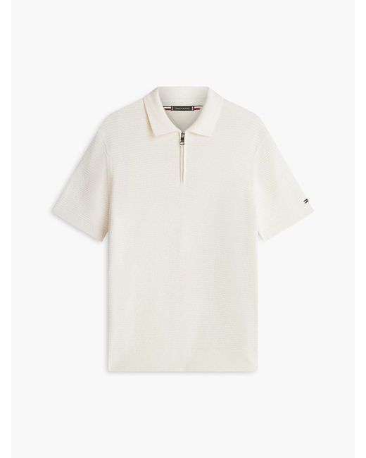 Tommy Hilfiger White Regular Fit Textured Knit Zip Polo Shirt for men