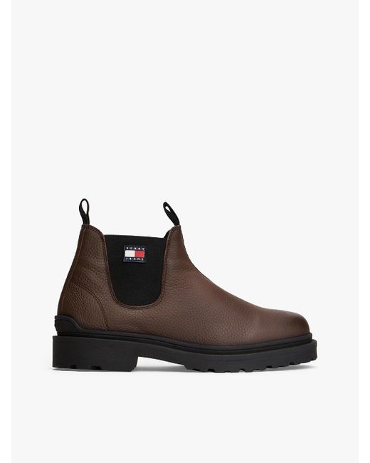 Tommy Hilfiger Brown Pebble Grain Leather Warm Lined Cleat Chelsea Boots for men
