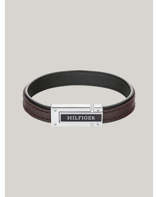 Tommy Hilfiger Black Fold-over Clasp Dark Brown Leather Bracelet for men