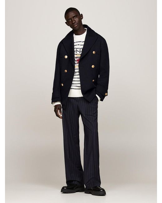 Tommy Hilfiger Blue Pure Wool Double Breasted Boxy Peacoat for men