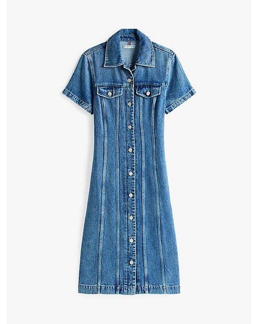 Tommy Hilfiger Midi Denim Overhemdjurk Met Korte Mouwen in het Blue