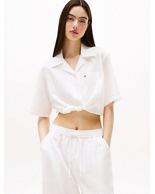 Tommy Hilfiger White Relaxed Cropped Fit Kurzarm-Bluse