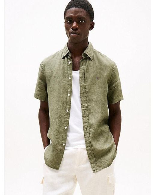 Tommy Hilfiger Regular Fit Linnen Overhemd Met Korte Mouwen in het Green voor heren
