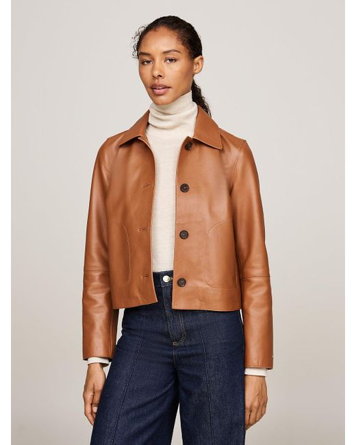 Tommy Hilfiger Blue Cropped Slim Leather Jacket