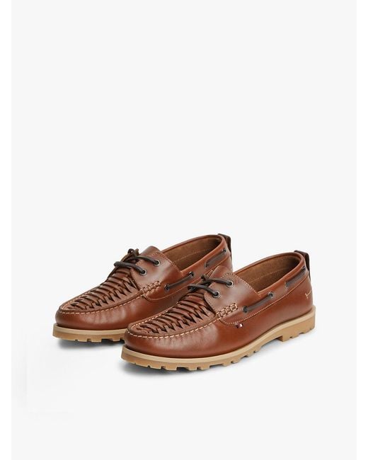 Tommy Hilfiger Brown Leather Braided Boat Shoes for men