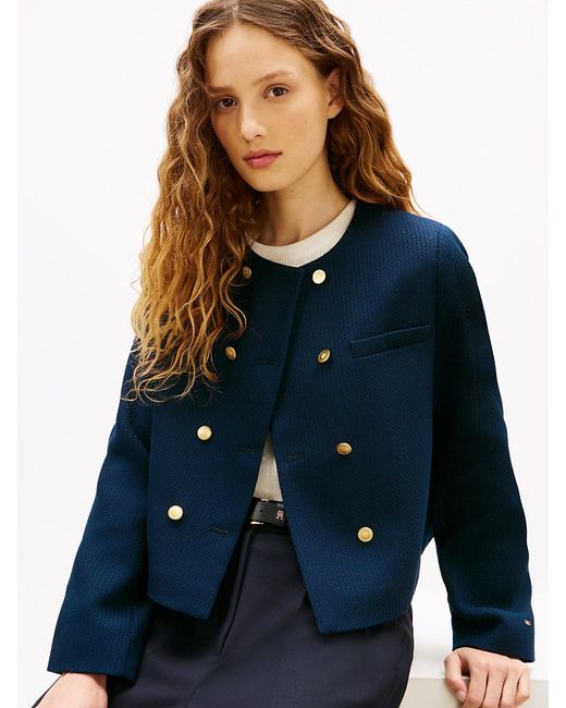 Tommy Hilfiger Blue Textured Wool Blend Double Breasted Jacket