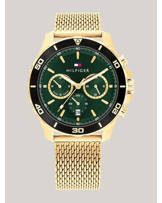 Tommy Hilfiger Metallic Green Dial Gold-plated Mesh Strap Sports Watch for men