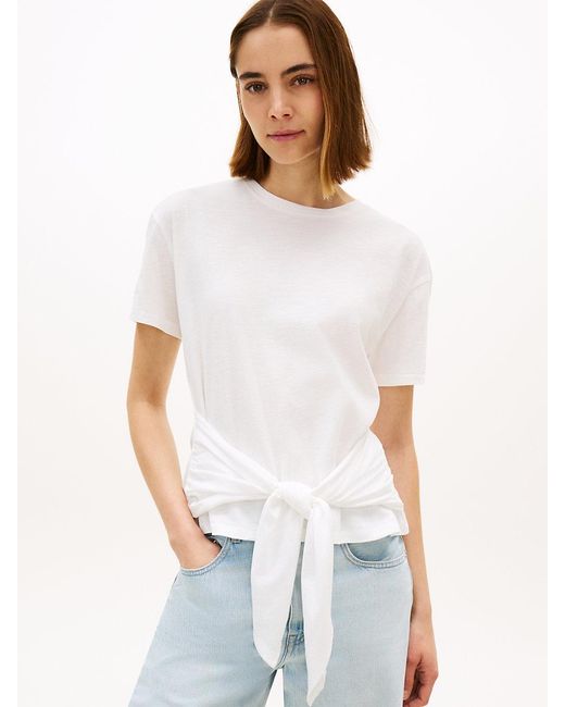 Tommy Hilfiger White Self-Tie Textured Relaxed Crew Neck T-Shirt