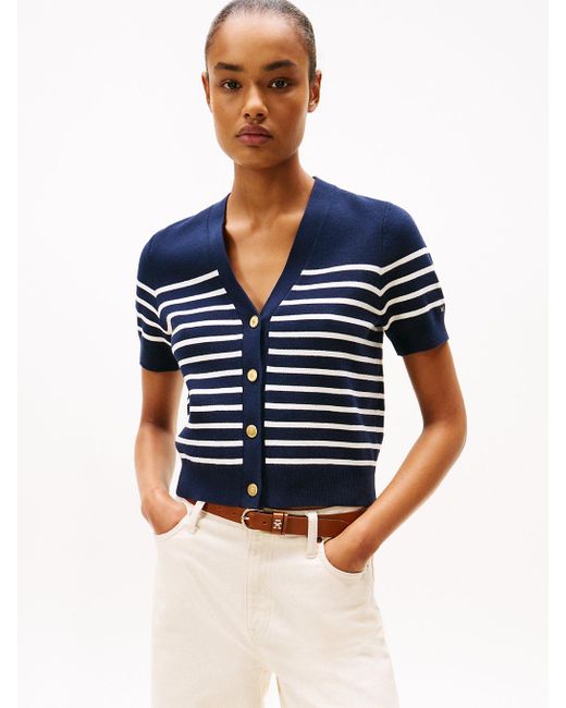 Tommy Hilfiger Blue Jersey Gold-tone Button Short Sleeve Cardigan