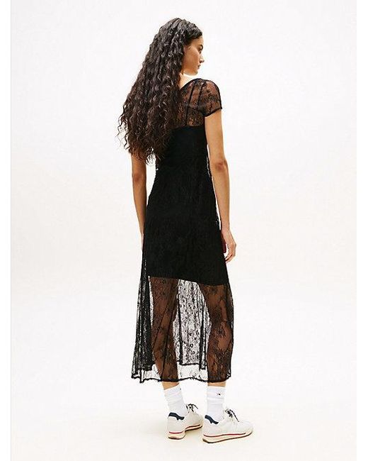 Vestido Largo De Encaje Con Corte Slim Tommy Hilfiger de color Black