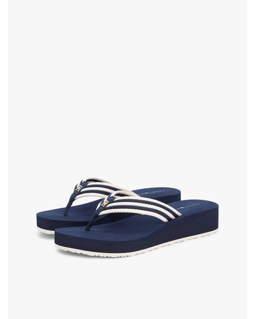 Tommy Hilfiger Blue Stripe Webbing Strap Wedge Flip-Flops