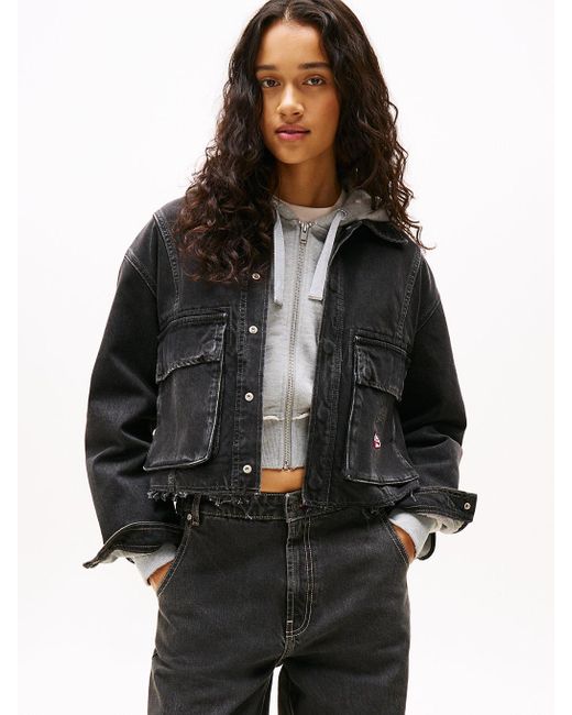 Tommy Hilfiger Black Raw Hem Cropped Denim Jacket