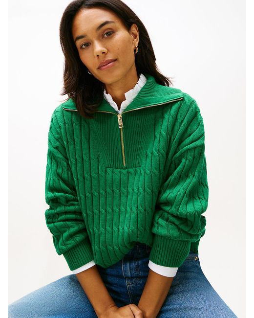 Tommy Hilfiger Green Relaxed Cable Knit Quarter-Zip Jumper