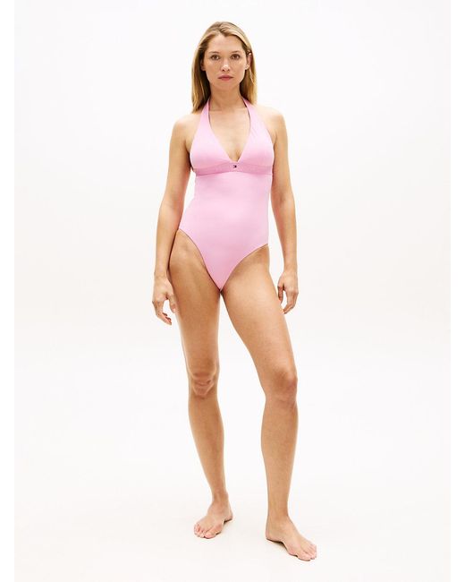 Tommy Hilfiger Pink Original Logo Halterneck Swimsuit