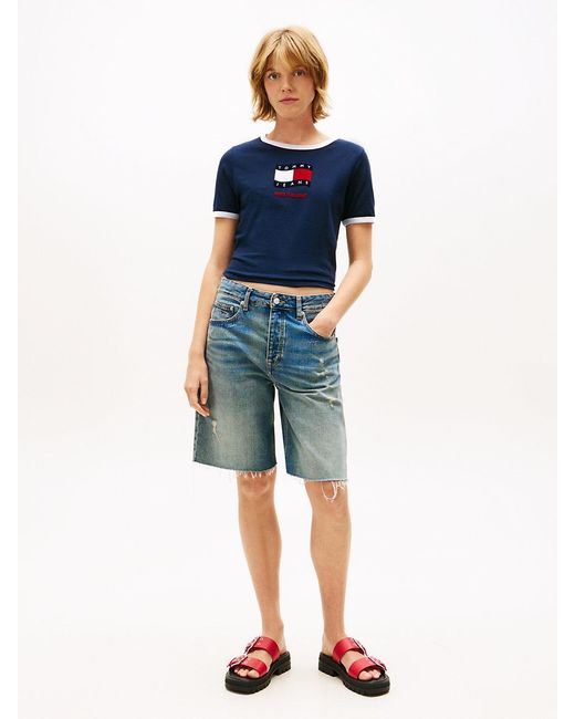 Tommy Hilfiger Blue Wavy Flag Contrast Ringer T-Shirt