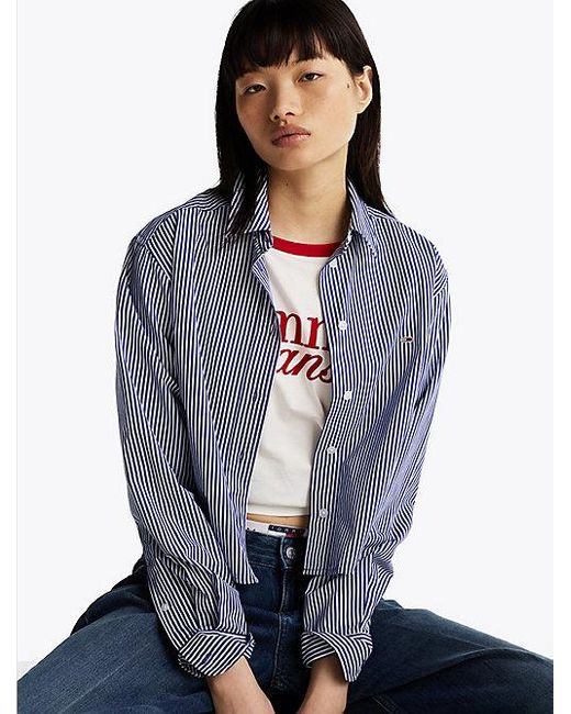 Tommy Hilfiger Poplin Cropped Relaxed Fit Blouse Met Streep in het Blue
