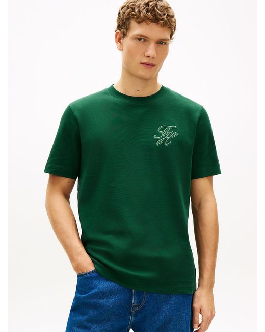 Tommy Hilfiger Green Tonal Logo Embroidery Crew Neck T-Shirt for men
