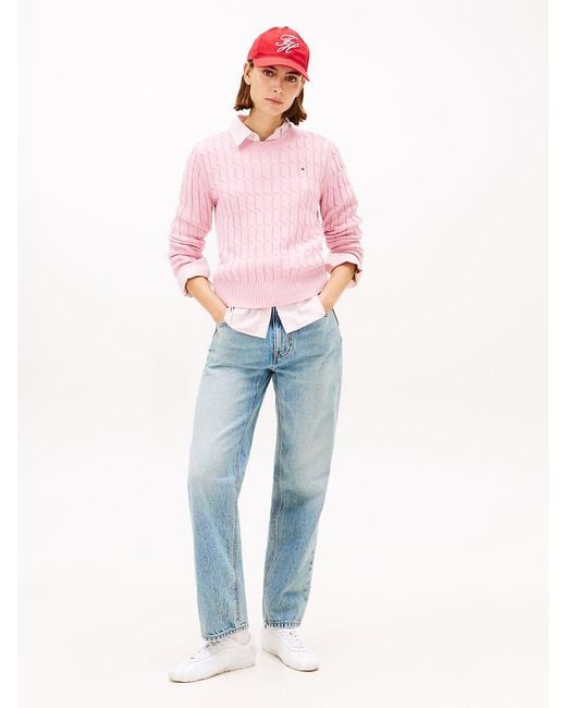 Tommy Hilfiger Pink Cable Knit Crew Neck Jumper