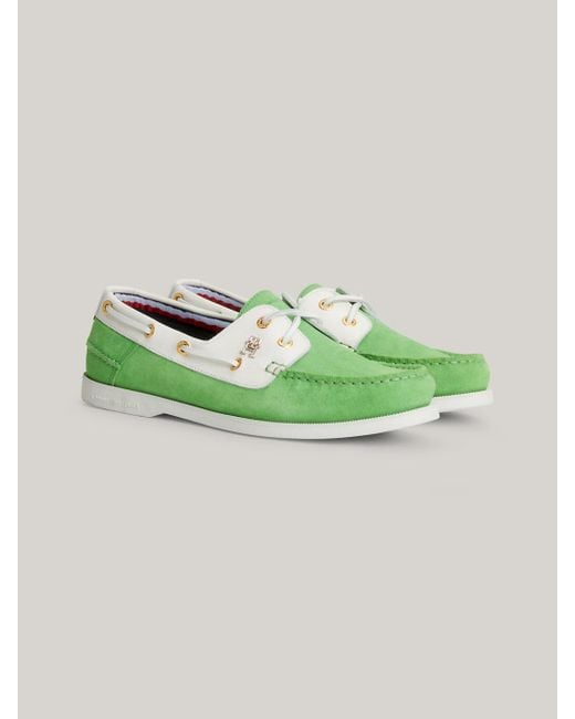 Tommy Hilfiger Green Leather Monogram Lace-up Boat Shoes