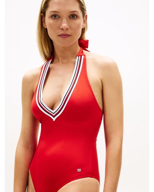 Tommy Hilfiger Red Global Stripe Plunge Halterneck Swimsuit