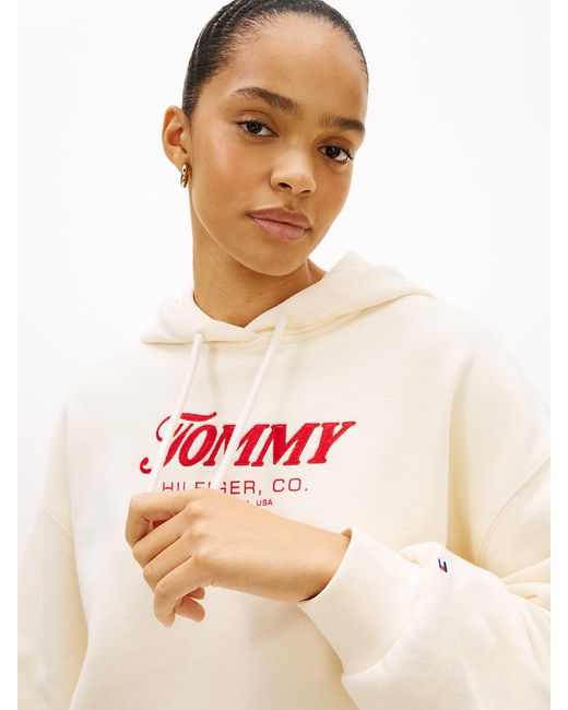 Tommy Hilfiger White Textured Logo Relaxed Drawstring Hoody