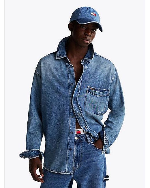 Tommy Hilfiger Relaxed Fit Distressed Denim Overshirt in het Blue voor heren
